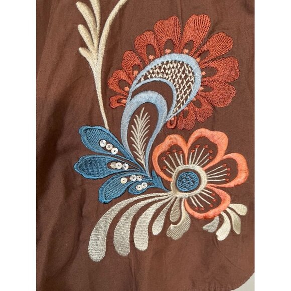 Retro Floral Skirt 10 Brown Boho Embroidery Cottage Fairy Sequin Western Chic - Picture 3 of 7